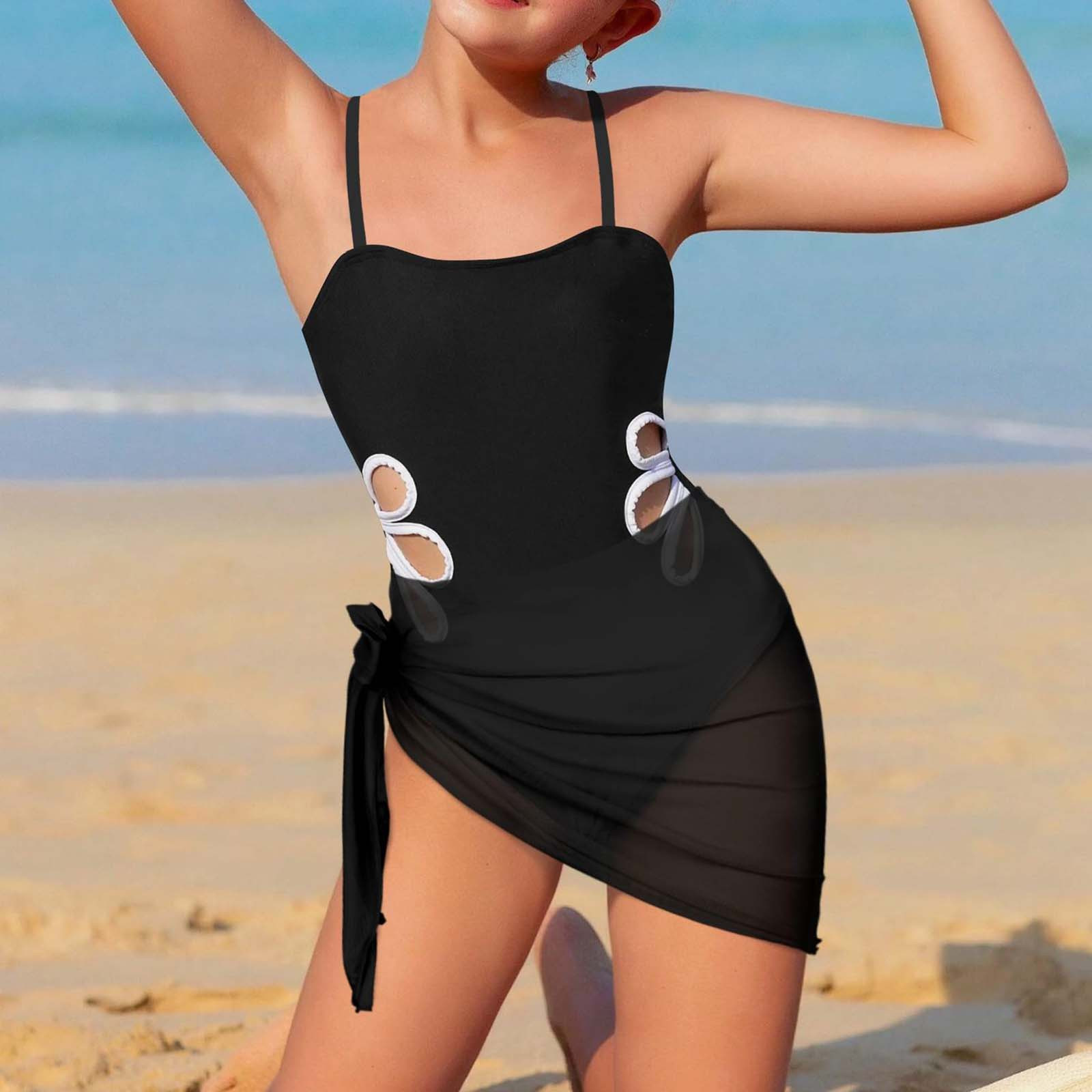 JingChang Teen Girls Swimsuits 3 Piece Tropical Bathing Suits Bikini Set with Solid Color Backless Wrap Dress Cover Up,Black,15 Years